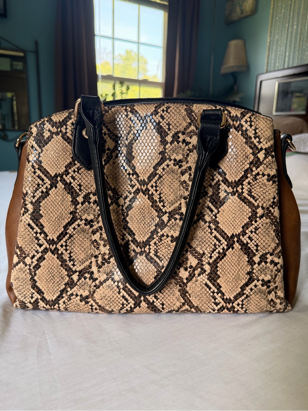 Python-Print Tote Handbag with Black Handles - Women Bags